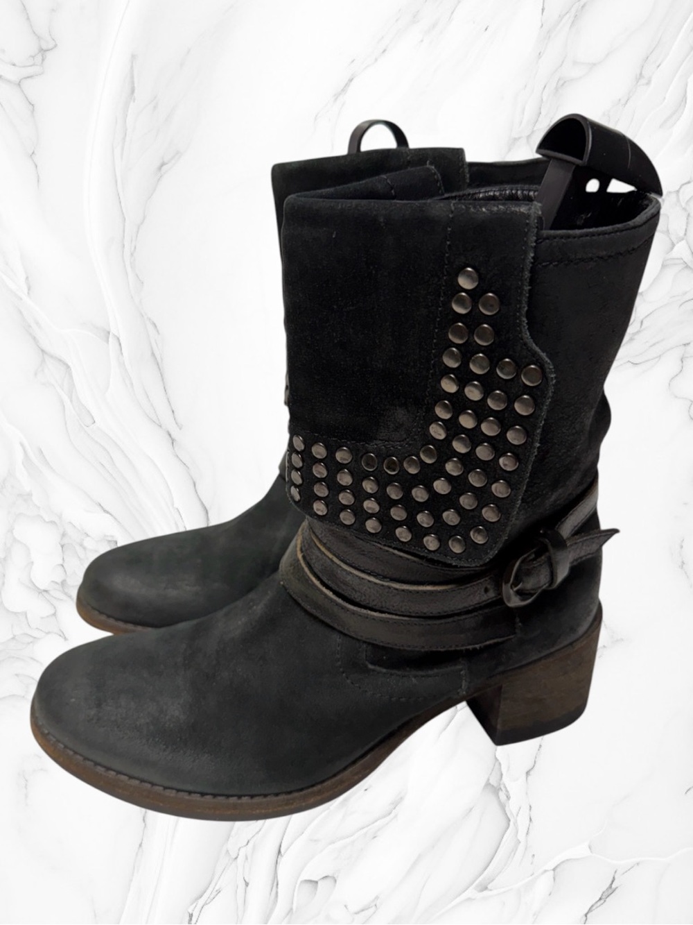 Vero Cuoio Studded Black Leather suede Mid-Calf Boot with Buckle strap 8.5